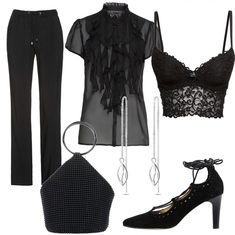 Outfit donna - Sexy, ma mai volgare. Stile Sexy per Serata fuori. Abbinamento con borsa a mano petit effetto laminato con zip interno foderato tinta unita, décolleté a punta tinta unita, pantaloni, camicie, reggiseno con pizzo fantasia floreale, orecchini.