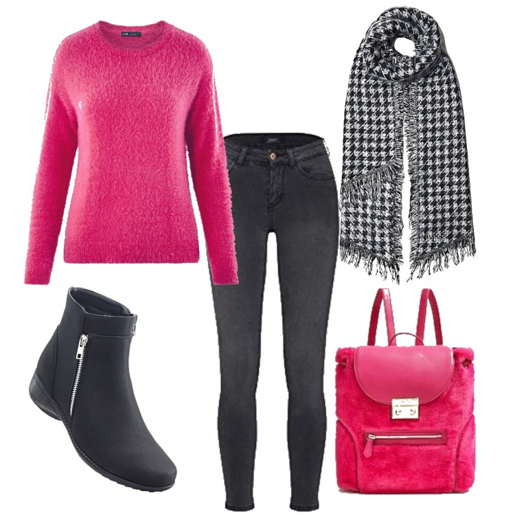 Outfit donna - Rosa d\'autunno. Stile Urban per Tutti i giorni. Abbinamento con stivaletti, sciarpa nero, maglioni, zaino con bretelle e zip fucsia, jeans skinny.