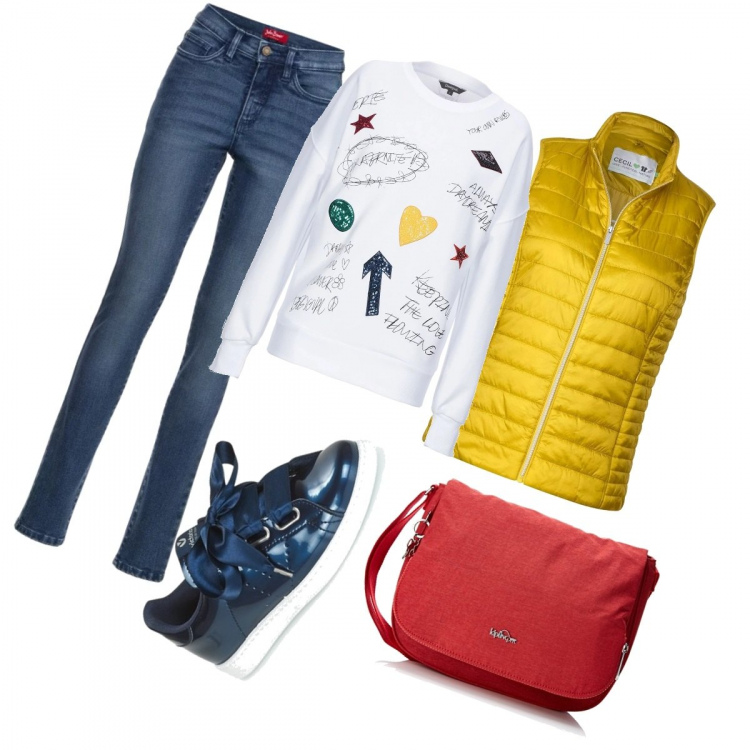 Outfit donna - Buongiorno sabato 2. Stile Urban per Tutti i giorni. Abbinamento con jeans slim fit, felpa senza tasche con paillettes collo tondo a maniche lunghe in cotone tinta unita, sneakers, borsa a tracolla, gilet.