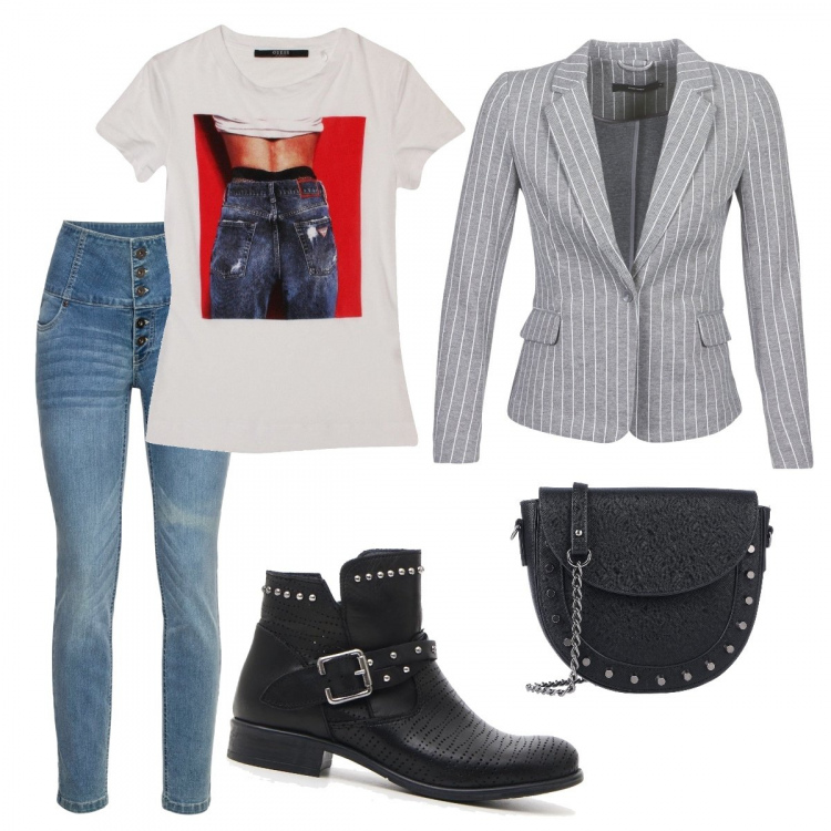 Outfit donna - La mamma in ufficio. Stile Trendy per Ufficio. Abbinamento con cinture, borsa a tracolla mini con borchie e zip interno foderato in pelle sintetica tinta unita, giacca grigio, t-shirt bianco, stivaletti.