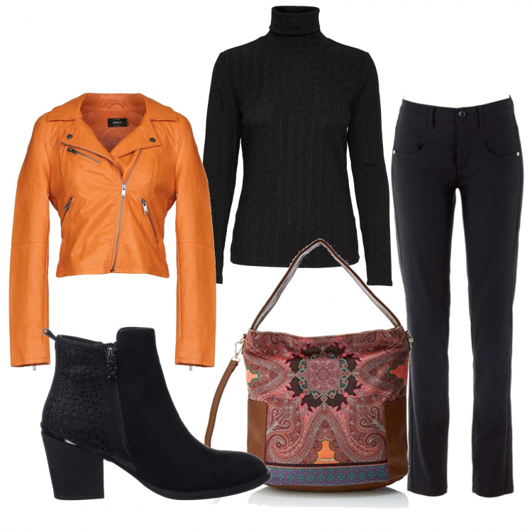 Outfit donna - La borsa Desigual. Stile Trendy per Scuola/Università. Abbinamento con pantaloni, giubbotto collo con revers a maniche lunghe con zip interno foderato in pelle sintetica tinta unita, maglioni, stivaletti nero, borse a spalla.