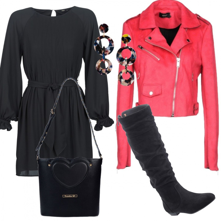 Outfit donna - Vestitino e stivali. Stile Trendy per Tutti i giorni. Abbinamento con stivali, orecchini, borsa a spalla secchiello taglia media con zip interno foderato in pelle sintetica tinta unita, giubbotto effetto scamosciato collo classico a maniche lunghe con zip interno sfoderato tinta unita, vestiti corti.