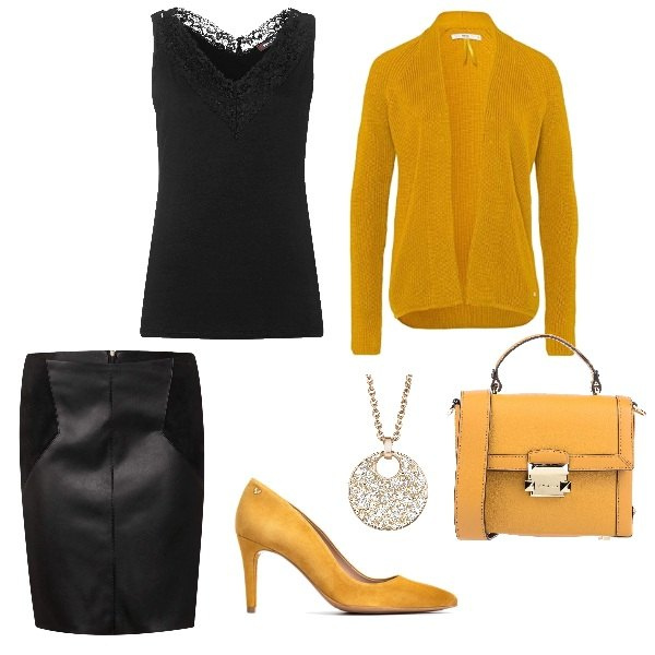 Outfit mujer - Radiante. Estilo Chic para Noche/Fiesta elegante. look ideal para Tall/Alta. Combinación con faldas, cárdigans, blusa nero, collana multicolore, zapatos de tacón, borsa a tracolla mini.