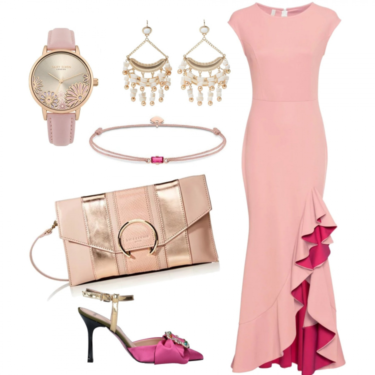 Outfit donna - Wedding. Stile Sexy per Cerimonia. look ideale per Tall. Abbinamento con décolleté con strass e fibbia a punta in raso tinta unita, orecchini, vestiti, clutch rosa, braccialetti, orologi analogici.