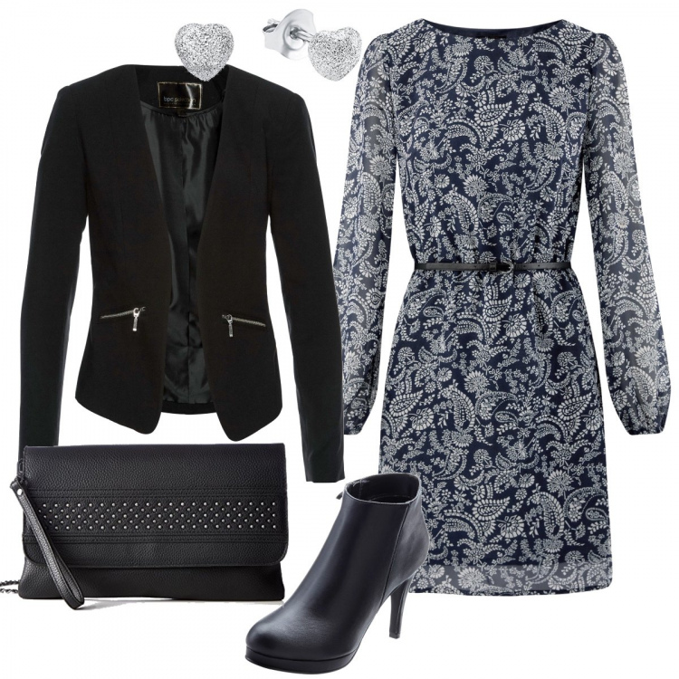 Outfit donna - Alice in wonderland. Stile Basic per Tutti i giorni. Abbinamento con blazer, stivaletti, vestito mini con cintura chiffon con cinturino taglio dritto aderente blu, pochette, orecchini in argento 925.