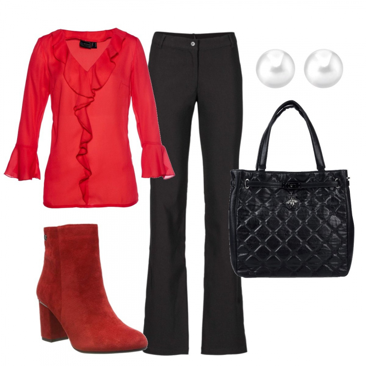 Outfit donna - MONDAYSTILE ufficio- low cost. Stile Trendy per Ufficio. Abbinamento con pantaloni, bluse, borsa a mano taglia media con zip interno foderato in pelle sintetica tinta unita blu, stivaletti rosso, orecchini con perle in argento 925 argento.