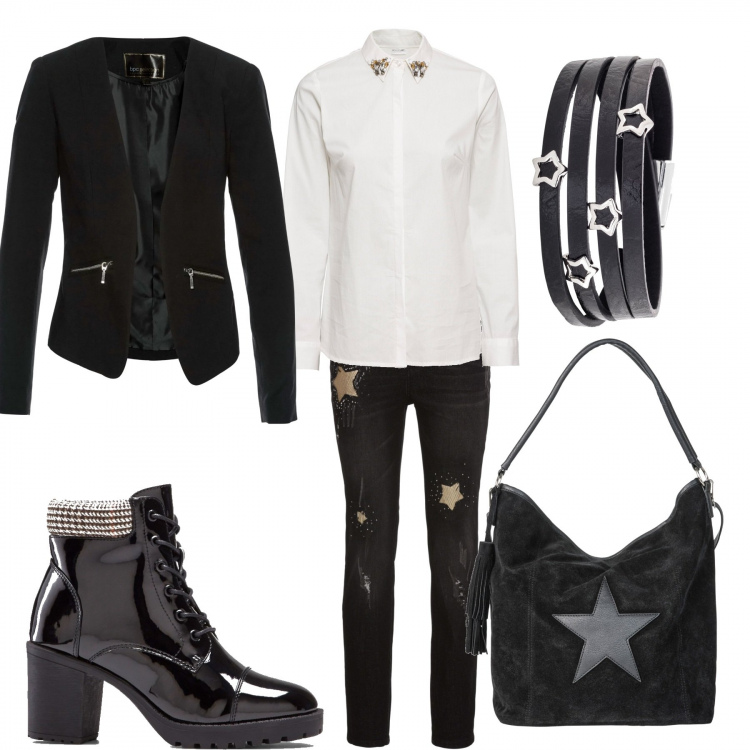 Outfit donna - Stelle. Tutto bonprix. Stile Trendy per Tutti i giorni. Abbinamento con blazer, stivaletti, vestiti sportivi, camicetta con strass bianco, borsa a mano, bracciale nero.