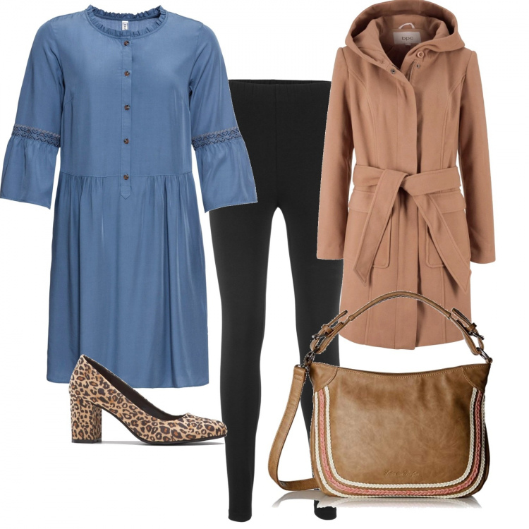 Outfit donna - Curvy con stile. Stile Urban per Tutti i giorni. Abbinamento con leggings, vestiti, giacca lunga marrone, décolleté, shopping bag con zip beige.
