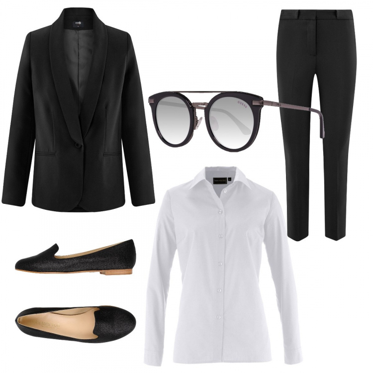 Outfit donna - Jill Sander. Stile Bon Ton per Tutti i giorni. Abbinamento con camicie, mocassini, occhiali da sole nero, pantaloni, blazer a bottone taglio dritto aderente nero.