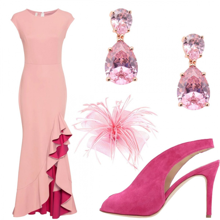 Outfit donna - Rosa per Nicole Kidman. Stile Chic per Cerimonia. look ideale per Tall. Abbinamento con décolleté effetto scamosciato con tacco spillo a punta pianta stretta tinta unita, orecchini con farfallina in oro rosa, vestiti, cappello mini.