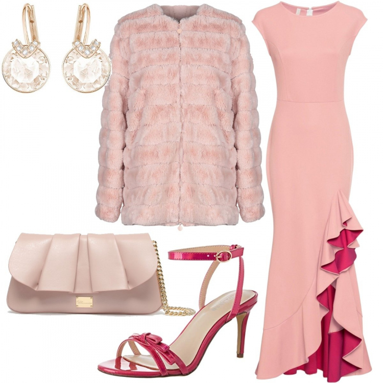 Outfit donna - Nicole Kidman. Stile Sexy per Cerimonia. Abbinamento con ecopelliccia, vestiti, scarpe col tacco, orecchini con cerchi rosa e oro, borsa a tracolla con volant e zip rosa.