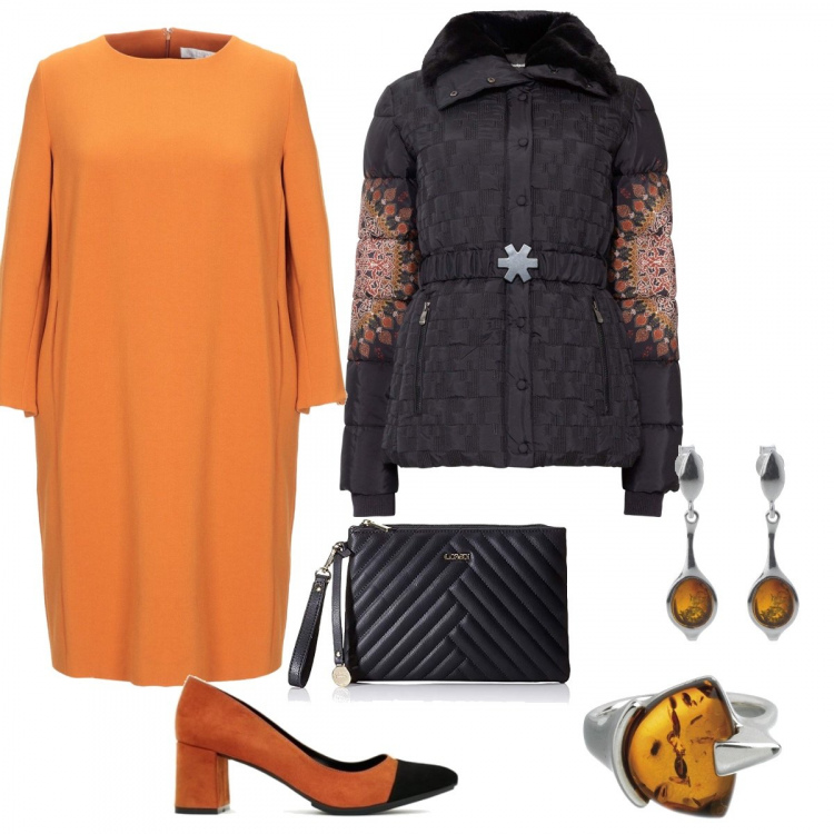 Outfit mujer - Nature Amber. Estilo Chic para Noche/Fiesta elegante. Combinación con cappotto, anello, pendientes, bolsos de mano, zapatos de tacón, vestito.