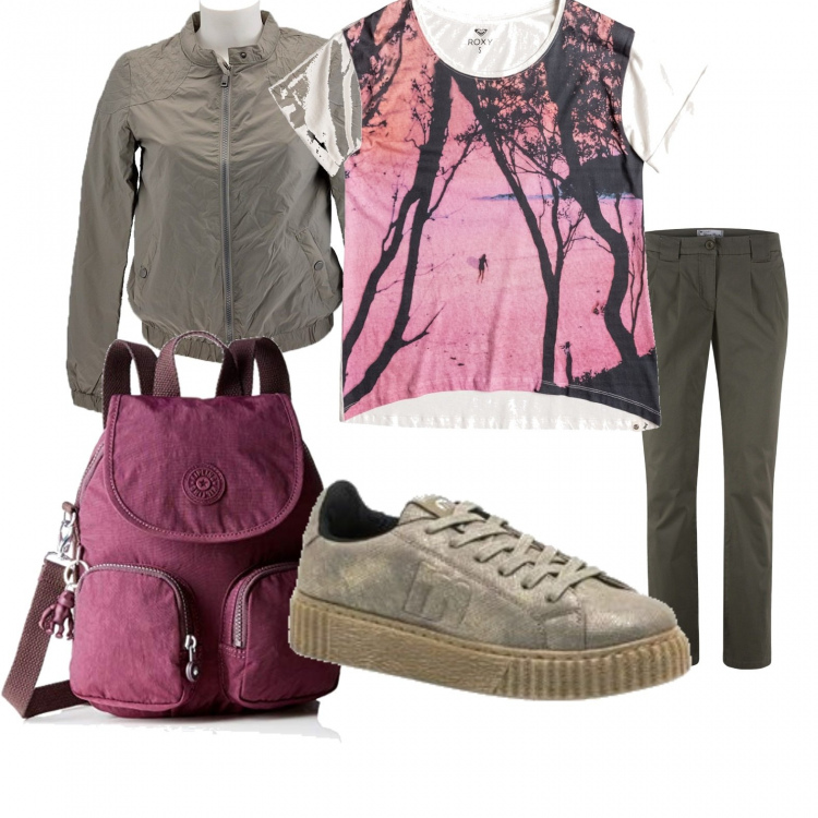 Outfit donna - Passeggiata alla high line. Stile Basic per Tutti i giorni. Abbinamento con pantaloni chino, giacca sport grigio, t-shirt rosa, sneakers con logo grigio, zaino viola e nero.