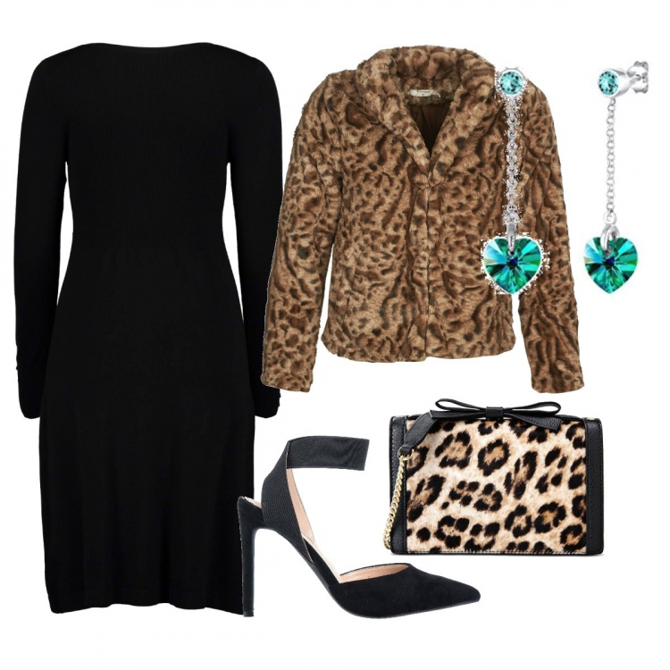 Outfit mujer - Ceremonia invernal. Estilo Trendy para Ceremonia. Combinación con vestito nero, pendientes, cappotto crema e multicolore, borsa a tracolla mini, bailarinas y zapatos planos.