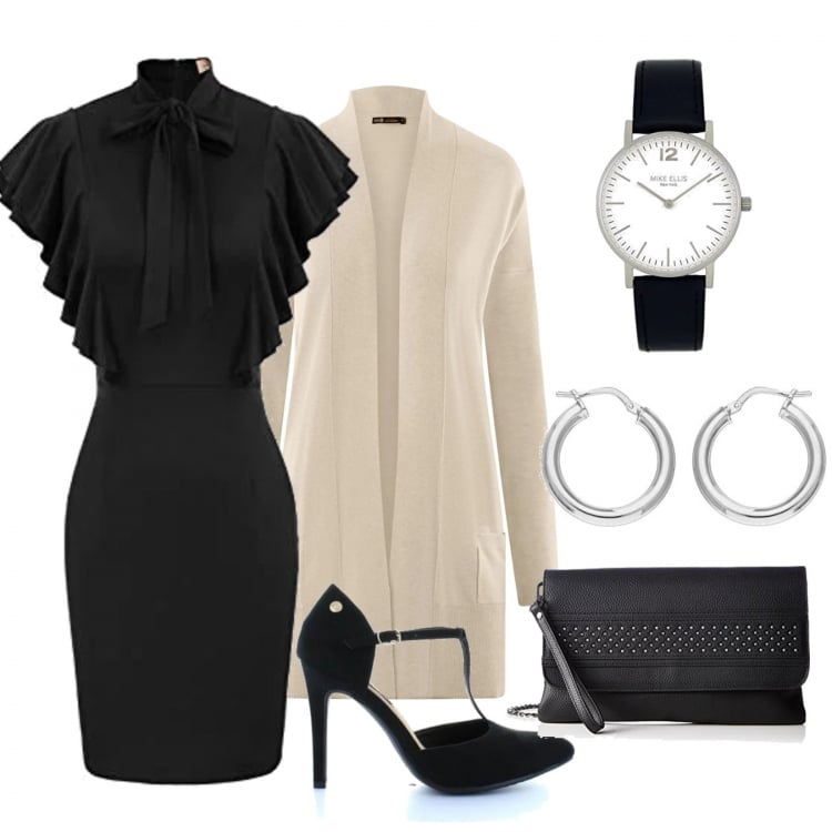 Outfit mujer - Let\'s go. Estilo Chic para Ceremonia. Combinación con vestito, blusa beige, clutch nero, pendientes, orologio, zapatos de tacón.