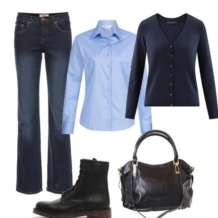 Outfit donna - Nicole kidman street style. Stile Urban per Tutti i giorni. Abbinamento con jeans dritti, stivali, cardigan lavorato a maglia con scollo blu, camicia, borsa a tracolla.