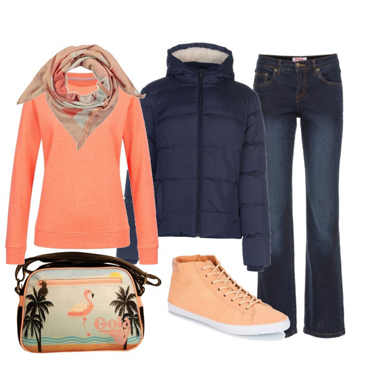 Outfit donna - Tramonto sul lungomare. Stile Basic per Tutti i giorni. Abbinamento con jeans dritti, sciarpa rosa, sneakers, giubbotto navy, felpa girocollo, borsa mini con zip e tracolla regolabile rosa.