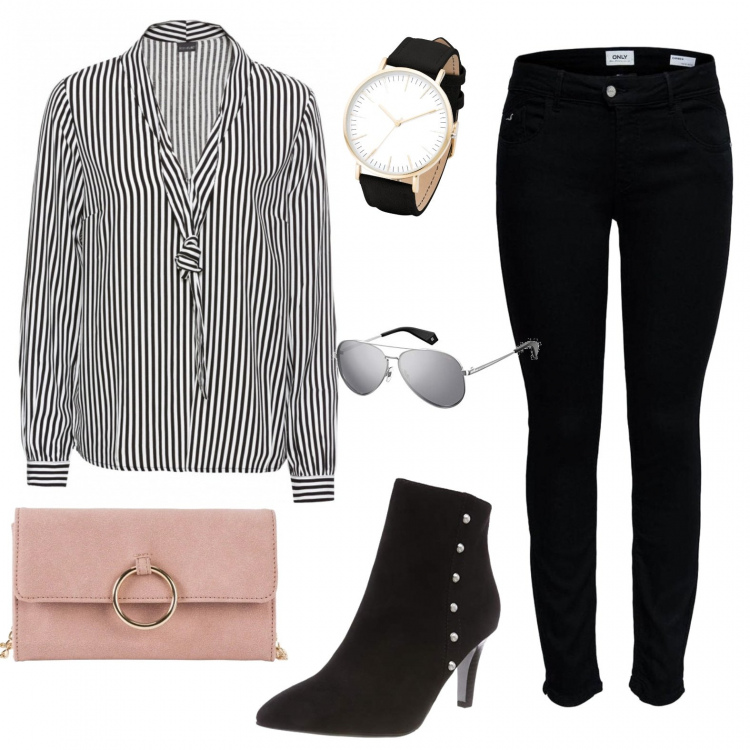 Outfit donna - Outfit per tutti i giorni. Stile Trendy per Tutti i giorni. Abbinamento con cappotti, bluse, camicie, jeans slim fit nero, stivaletti nero, occhiali da sole argento.