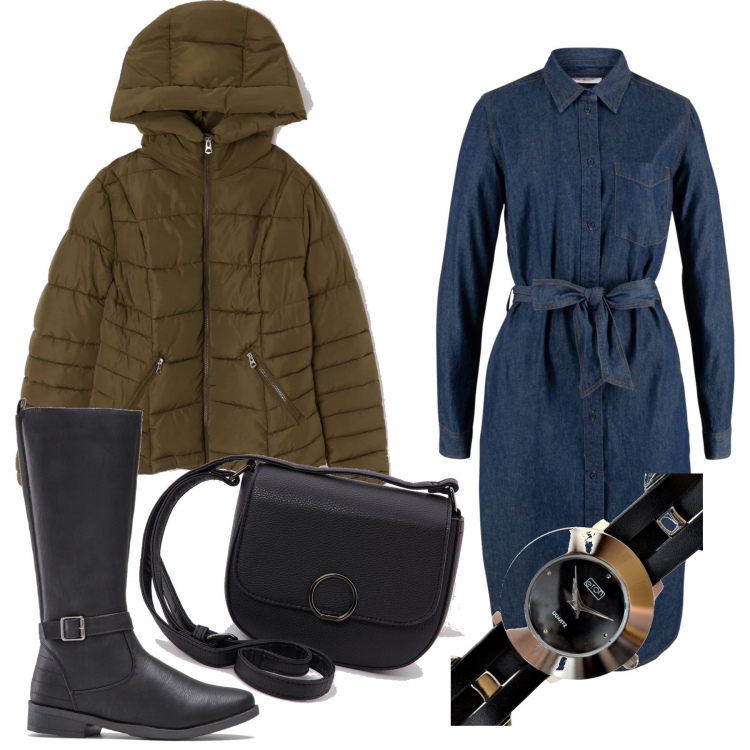 Outfit donna - Il vestito di jeans. Stile Trendy per Scuola/Università. Abbinamento con stivali, vestiti, borsa a tracolla effetto martellato in ecopelle tinta unita nero, piumino, orologio analogico.