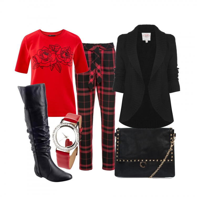 Outfit donna - Stasera tutto è possibile. Stile Trendy per Serata fuori. Abbinamento con stivali sopra il ginocchio, pantalone lungo, orologio effetto vernice in pelle sintetica rosso, cardigan stile militare in denim nero, borsa, t-shirt con stampa in denim aderente rosso.