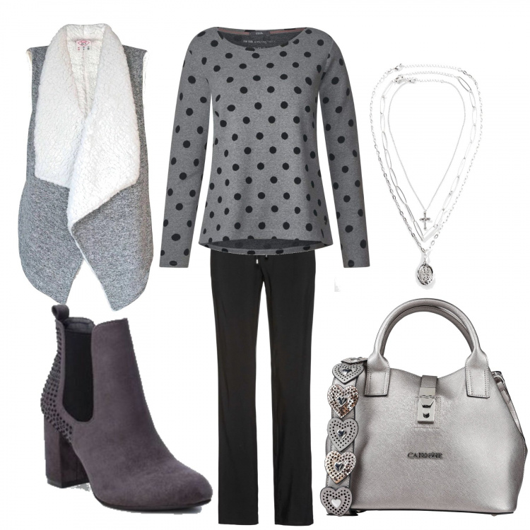 Outfit donna - Il gilet in ecopelliccia. Stile Basic per Ufficio. Abbinamento con borsa a mano taglia media a scatto interno foderato in pelle sintetica tinta unita, pantaloni, collana argento, maglia, cappotto grigio, stivaletti con borchie grigio.