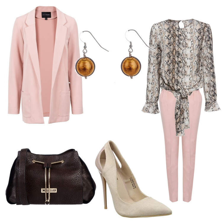 Outfit donna - Cerimonia in primavera. Stile Bon Ton per Cerimonia. Abbinamento con borsa a mano taglia media doppio manico interno foderato in pelle sintetica tinta unita, vestiti corti, blusa, pantaloni, scarpe col tacco beige, orecchini in argento 925.
