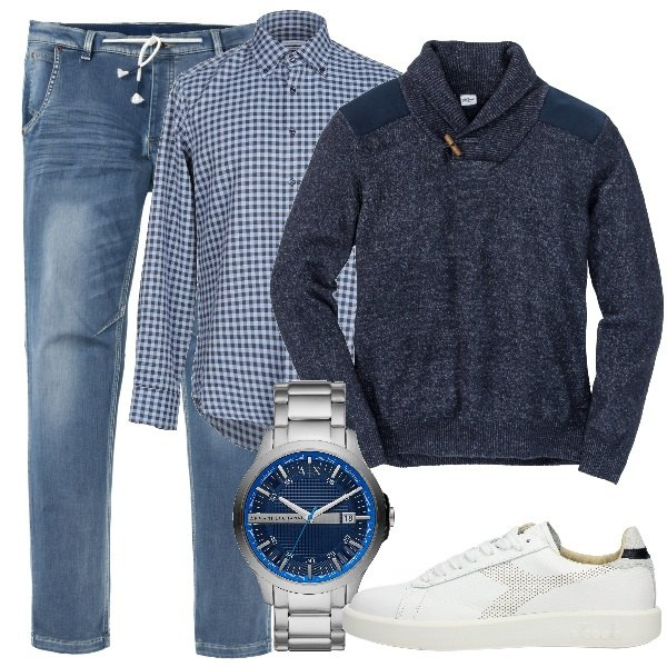 Outfit uomo - L\'orologio in acciaio. Stile Casual per Tutti i giorni. Abbinamento con maglieria, jeans, orologio con cinturino, camicie a quadri a maniche lunghe in flanella con bottoni, sneakers.