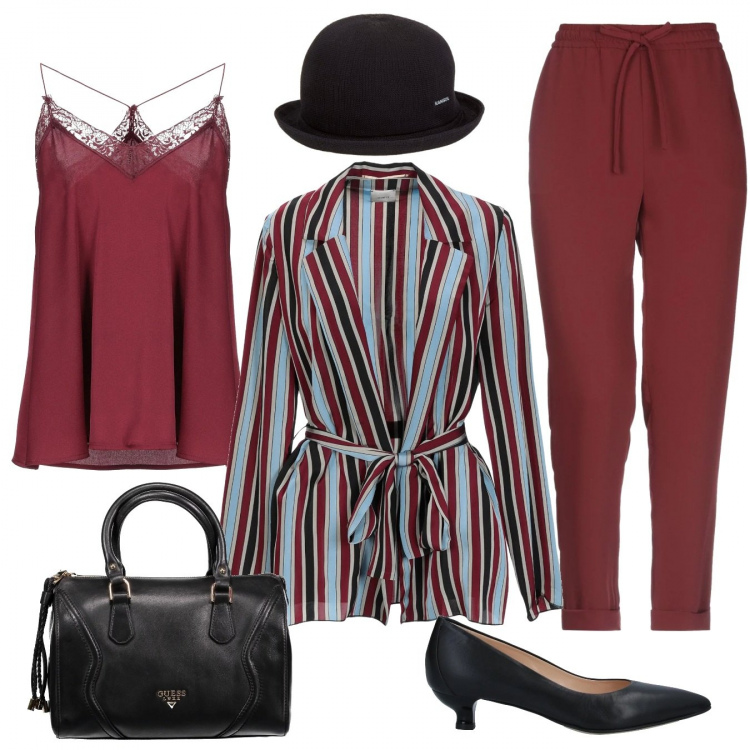 Outfit donna - Nina Ricci: righe, cloche e bauletto. Stile Bon Ton per Tutti i giorni. Abbinamento con décolleté a punta in pelle tinta unita, pantalone gamba cono vita alta con coulisse in raso tinta unita, giacca, top con pizzo scollatura profonda in raso tinta unita, berretto elasticizzato nero, borsa nero.