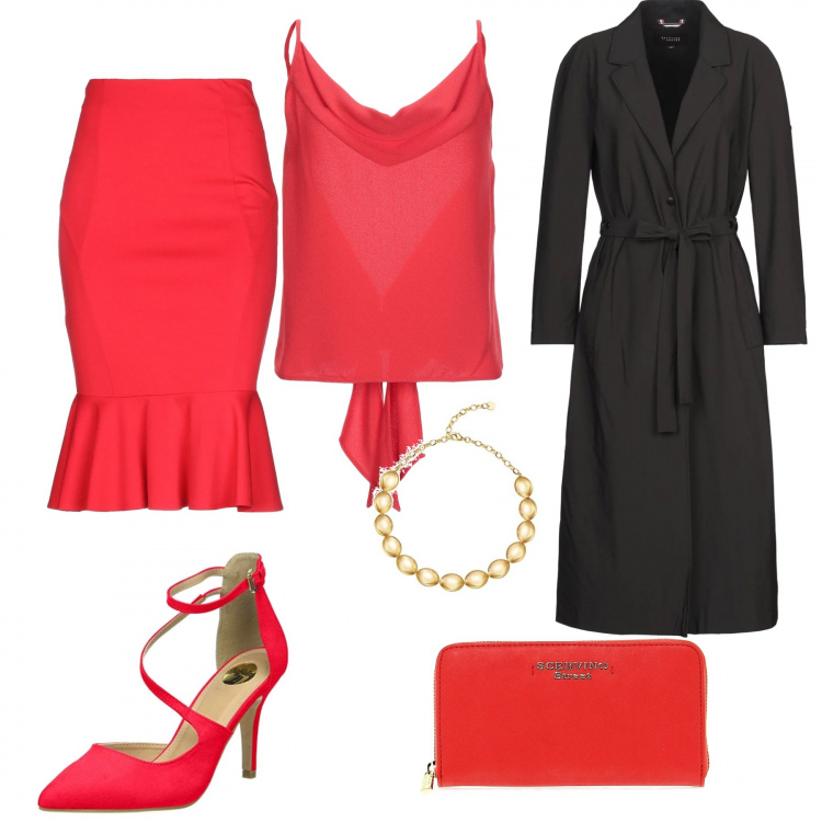 Outfit donna - Nina ricci in rosso. Stile Chic per Serata fuori. Abbinamento con gonna longuette con zip interno sfoderato jersey, top con drappeggio scollatura tinta unita, soprabito in tessuto tecnico, portafogli, collana oro, sandali con cinturino rosso.