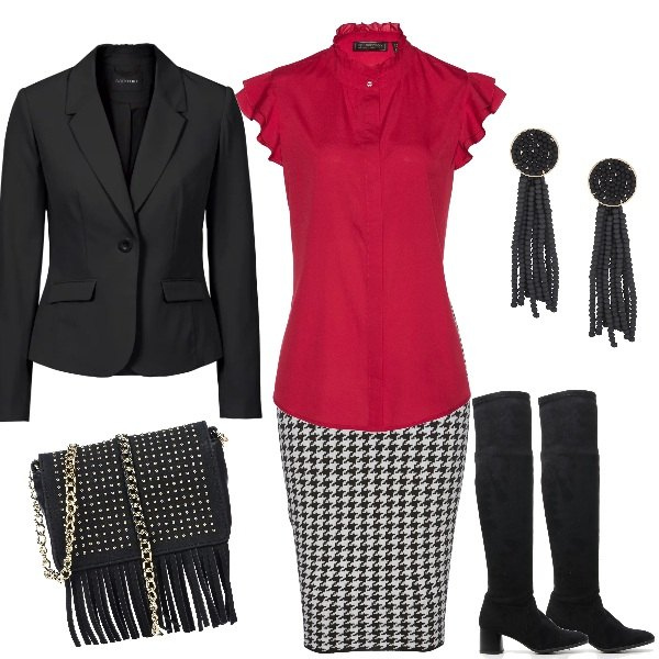 Outfit donna - Pied de poule. Stile Chic per Ufficio. Abbinamento con gonne, camicia, blazer, sneakers, borsa a tracolla petit con frange interno foderato in pelle sintetica tinta unita, stivali.