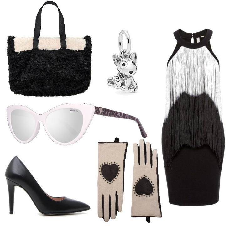 Outfit donna - Crudelia Demon. Stile Bon Ton per Serata fuori. Abbinamento con borse a secchiello, guanti con borchie grigio, bead charm argento, occhiali da sole bianco, décolleté nero, shopping bag maxi contrasto made italy bianco e nero.