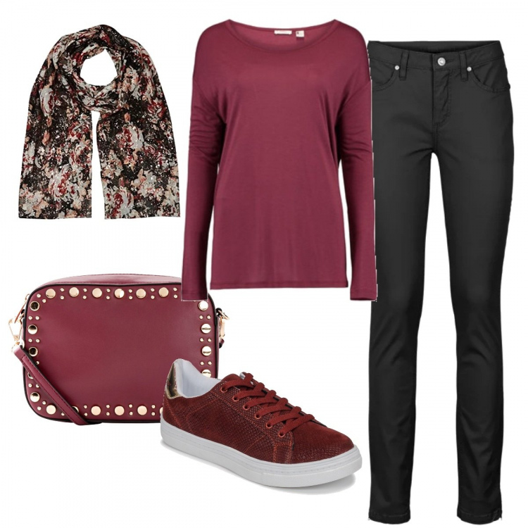Outfit donna - Sciarpa a fiori. Stile Basic per Tutti i giorni. Abbinamento con jeans, borsa a tracolla con zip e tasca interna rosso, maglione rosso, sneakers, scialle in velluto taglia unica rosso.