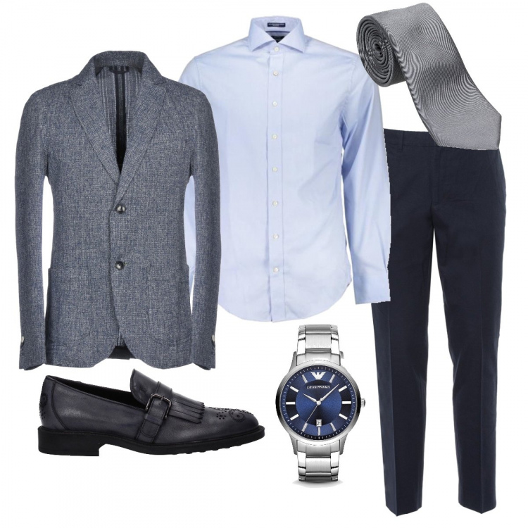 Outfit uomo - La cravatta grigia tinta unita. Stile Business/Elegante per Ufficio. Abbinamento con giacca con spacco posteriore fantasia collo con revers a maniche lunghe interno sfoderato in flanella con tasche, orologio, scarpe stringate, cravatte e papillon in seta, pantalone blu, camicia.