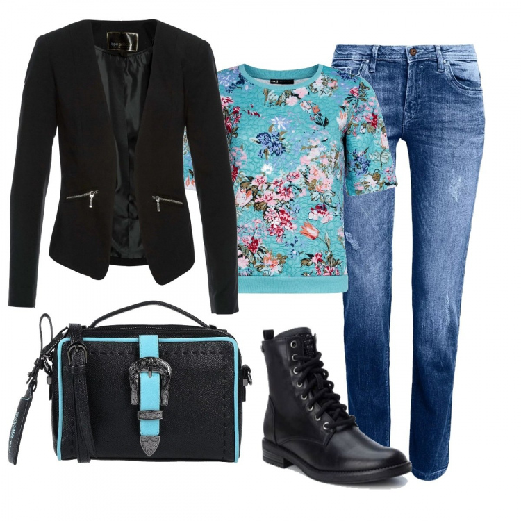 Outfit donna - Contrasto neroazzurro. Stile Basic per Tutti i giorni. Abbinamento con blazer, borsa a tracolla mini con manico contrasto con fibbia interno foderato in pelle sintetica tinta unita, stivali con borchie e lacci interno in tessuto con punta tonda nero, maglioncino con stampa e scollo a maniche corte blu, jeans.