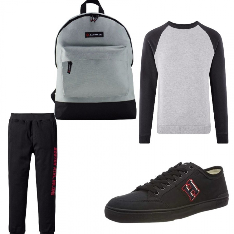 Outfit uomo - Perché no. Stile Trendy per Tutti i giorni. Abbinamento con zaino sport con zip grigio, scarpa sportiva, felpe, pantaloni.