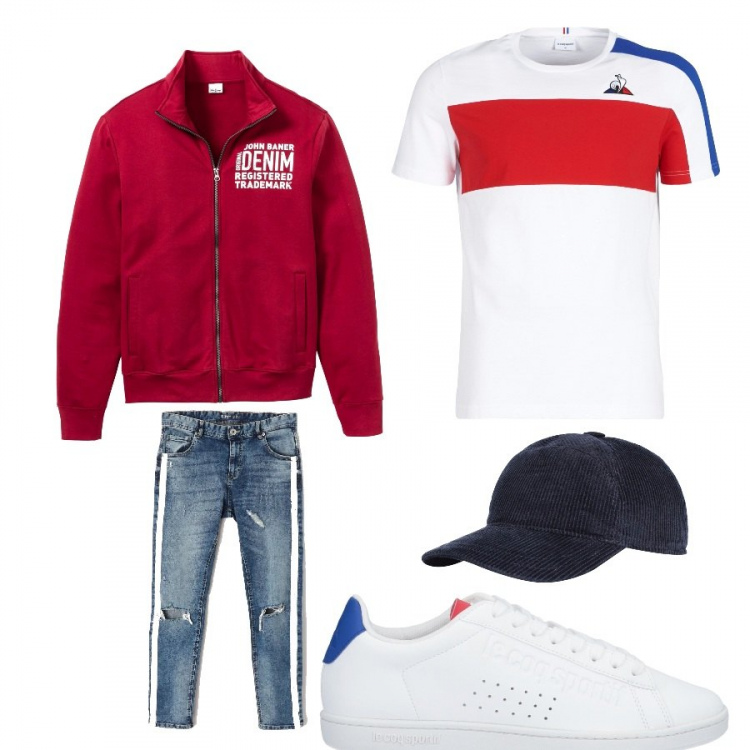 Outfit uomo - Streetstyle Fresco. Stile Urban per Tutti i giorni. Abbinamento con t-shirt bianco, cappello con visiera, sneakers, jeans skinny effetto strappato in denim blu, felpe.