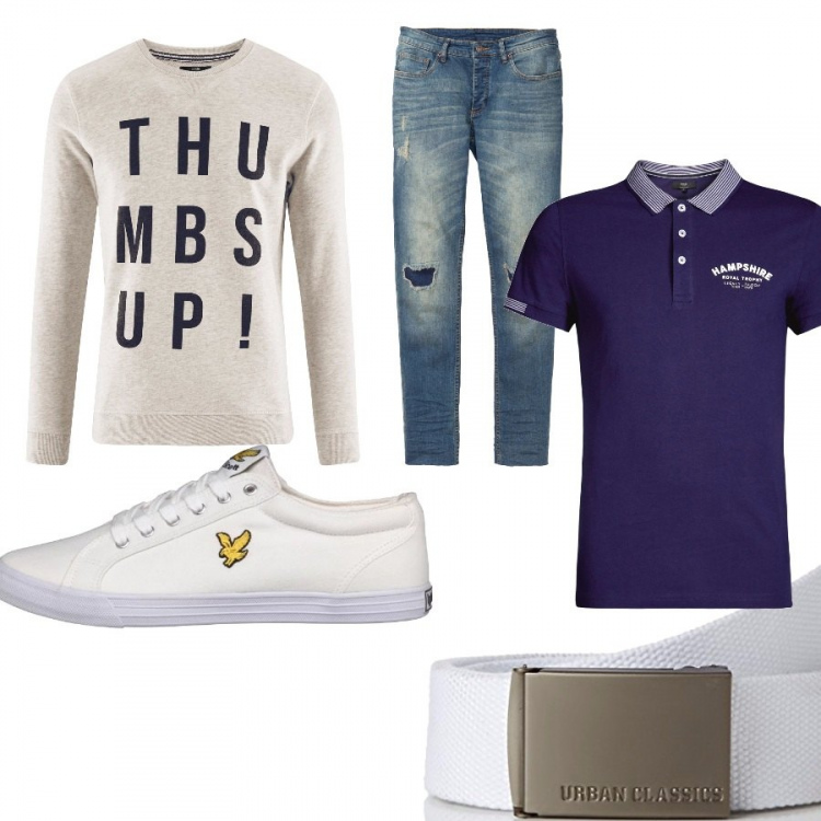 Outfit uomo - Una giornata leggera di lavoro. Stile Trendy per Tutti i giorni. Abbinamento con felpa con scollo aderente bianco, polo, jeans elasticizzato skinny taglio dritto con bottoni blu, sneakers con scritte, cintura in poliestere taglia unica bianco.