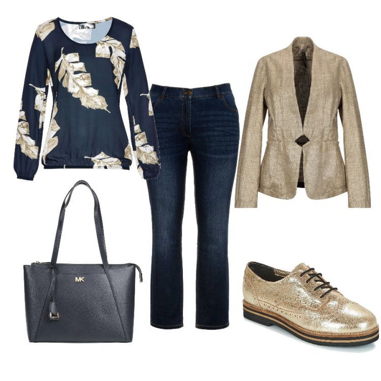 Outfit donna - Oro e denim. Stile Trendy per Ufficio. Abbinamento con blazer, borse a spalla, bluse, scarpe stringate, jeans.