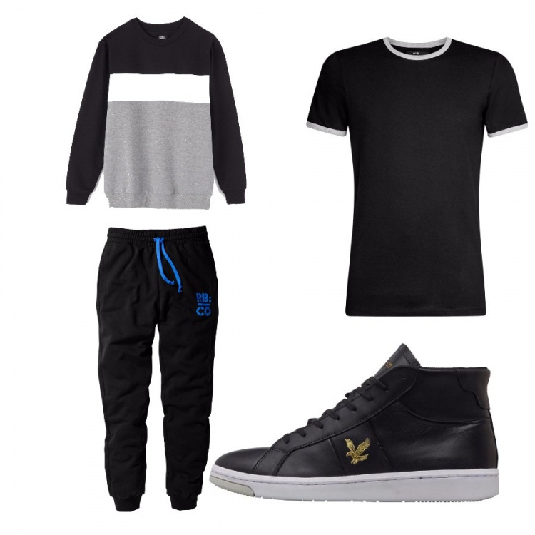 Outfit uomo - Perché no. Stile Urban per Tutti i giorni. Abbinamento con pantaloni, felpa fantasia girocollo a maniche lunghe nero, sneakers con scritte, t-shirt contrasto aderente nero.