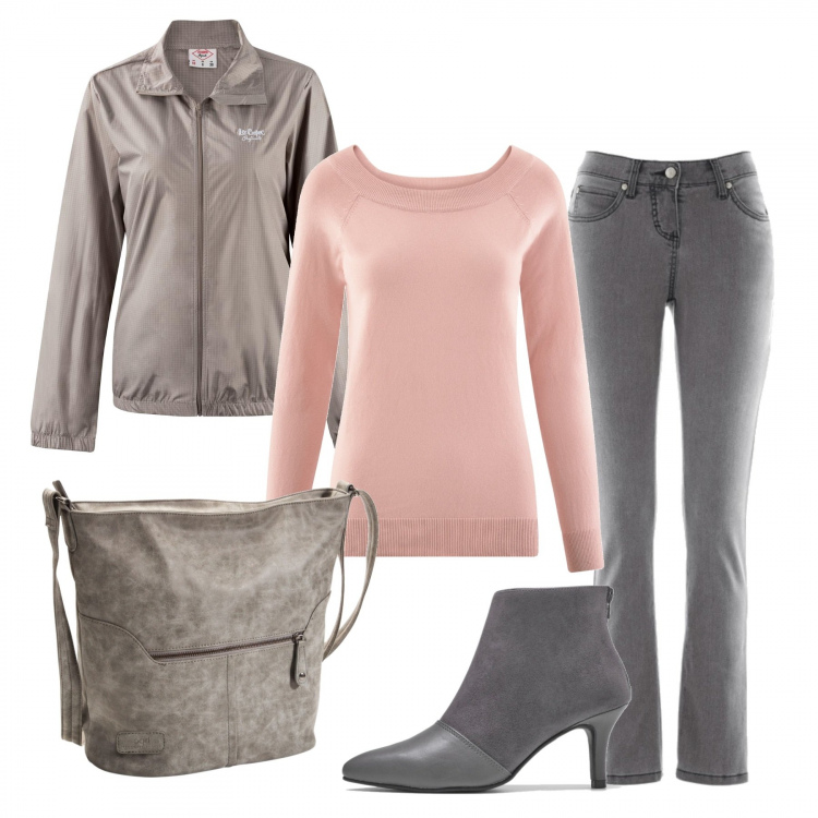 Outfit donna - Giornata di pioggia. Stile Basic per Scuola/Università. Abbinamento con jeans slim fit, tronchetti con zip grigio, borse a spalla, maglione girocollo aderente rosa, blazer.