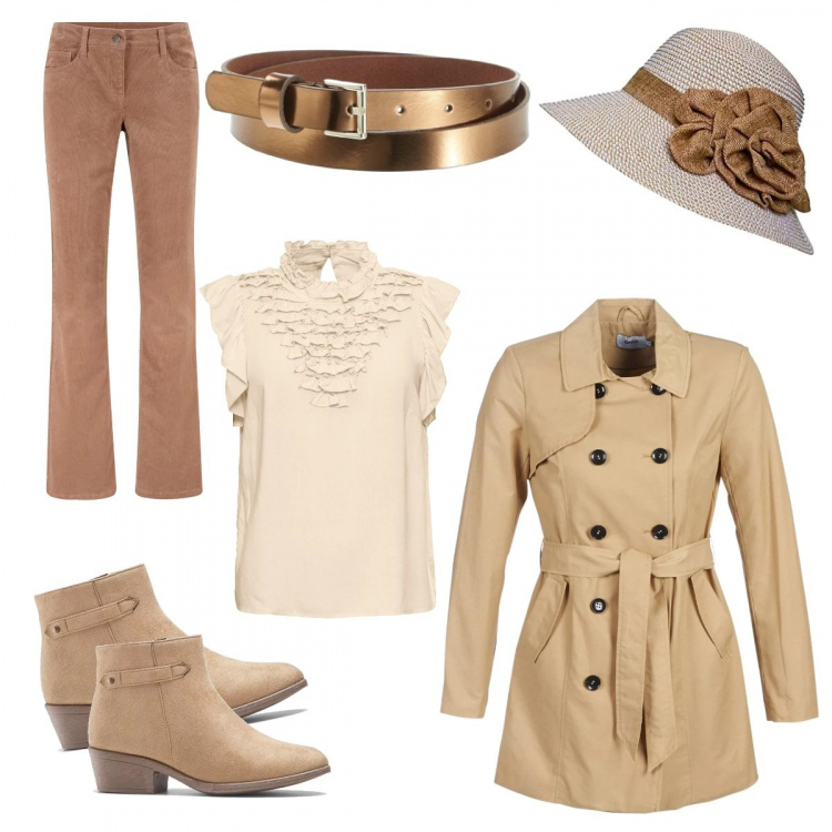 Outfit donna - Chic in beige. Stile Chic per Tutti i giorni. Abbinamento con pantaloni, maglieria, tronchetti marrone, cappotto beige, cappelli, cinture.