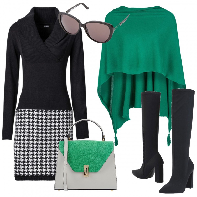 Outfit donna - Pied de poule e verde. Stile Trendy per Tutti i giorni. Abbinamento con vestiti, stivali, borsa a mano con manico fantasia effetto scamosciato taglia media con zip interno foderato con gancetto, poncio verde, occhiali da sole nero.