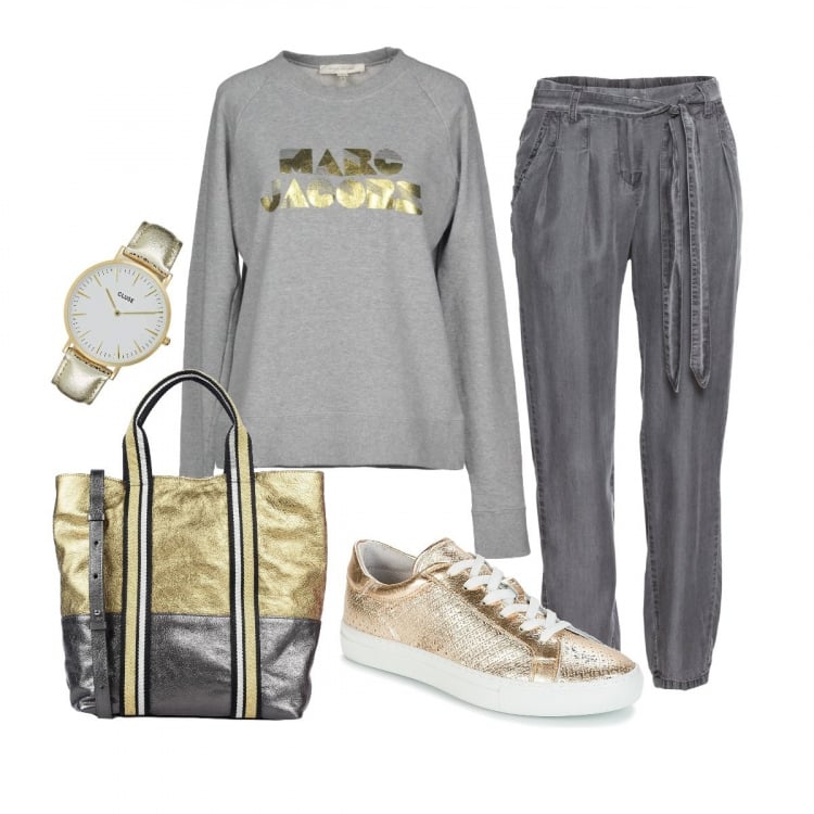 Outfit donna - Casual gold & silver. Stile Basic per Tutti i giorni. Abbinamento con felpa senza tasche con stampa collo tondo a maniche lunghe in cotone tinta unita, borsa fantasia in pelle martellata taglia media con zip interno foderato con tasca interna, pantaloni, sneakers, orologio digitale.