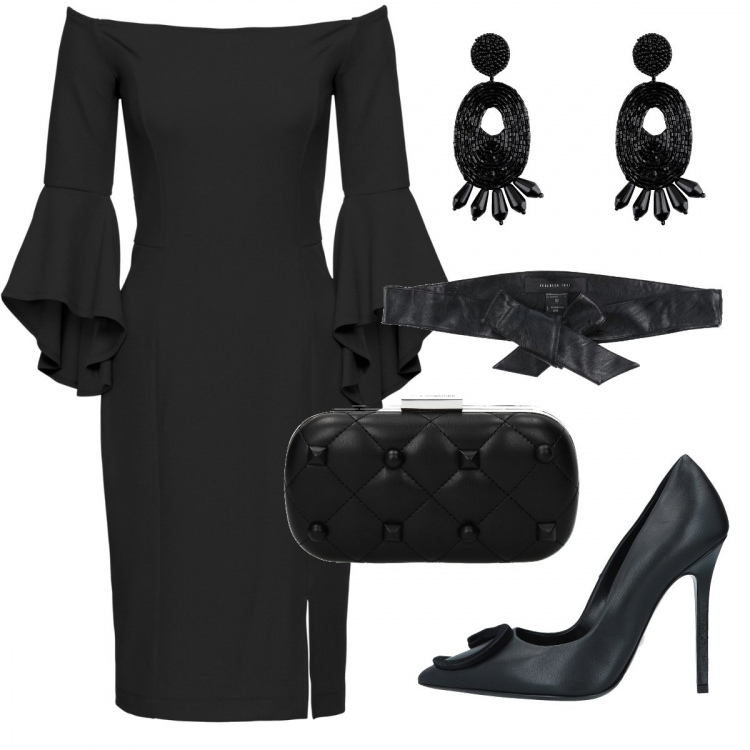 Outfit donna - Di classe. Stile Chic per Serata fuori. Abbinamento con vestiti midi/longuette, décolleté contrasto con tacco spillo a punta tinta unita, cintura, orecchini, pochette.