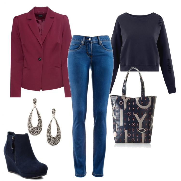 Outfit donna - Basic #18465. Stile Basic per Tutti i giorni. Abbinamento con jeans dritti, blazer viola, orecchini, stivaletti con zeppe e zip con punta tonda blu, shopping bag blu scuro, felpa oversize effetto strappato con scollo aderente blu.