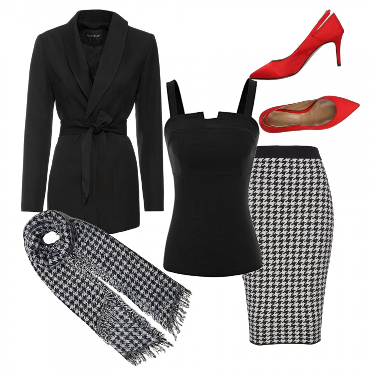 Outfit donna - Chic #17153. Stile Chic per Ufficio. Abbinamento con gonne, blazer con cintura nero, décolleté a punta in flanella tinta unita, sciarpa nero, t-shirt senza maniche.