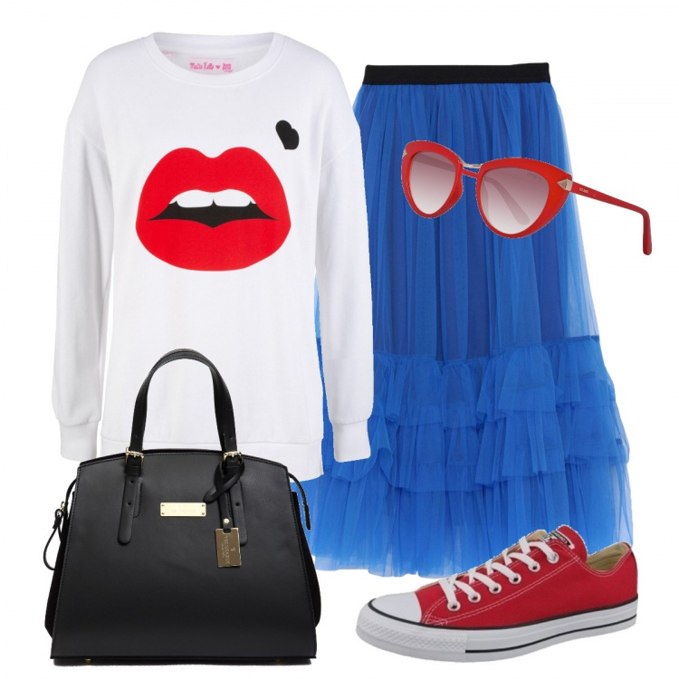 Outfit donna - Felpa e tulle. Stile Trendy per Tutti i giorni. Abbinamento con pantaloni a palazzo, gonne longuette, sneakers, occhiali da sole rosso, borsa a mano.