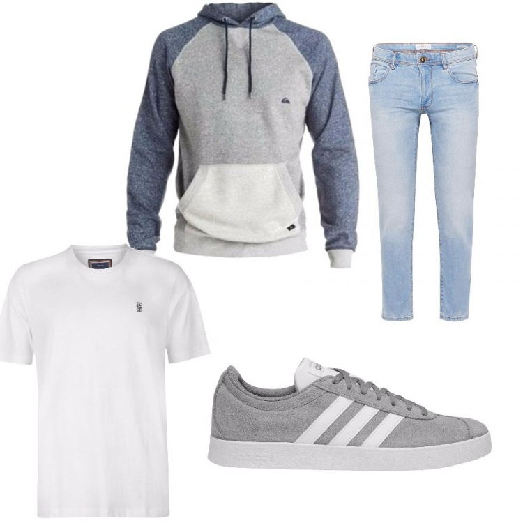 Outfit uomo - Una passeggiata. Stile Urban per Tutti i giorni. Abbinamento con felpa grigio, sneakers, t-shirt, jeans slim fit blu.