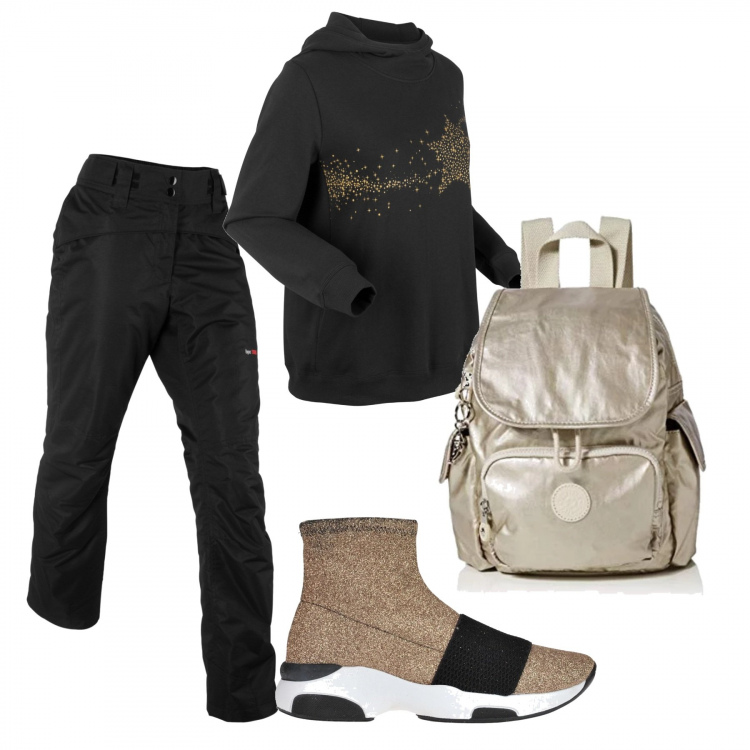 Outfit donna - In ritardo a scuola. Stile Basic per Tutti i giorni. Abbinamento con pantaloni, felpa con cappuccio nero, sneakers contrasto elasticizzato, zaino mini oro.