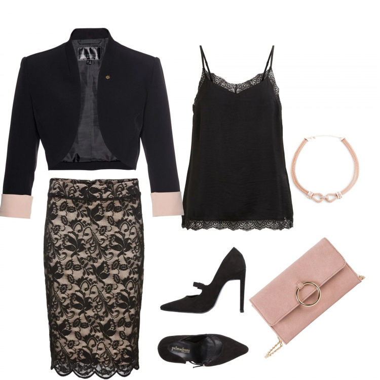 Outfit donna - Pizzo sexy. Stile Chic per Cerimonia. look ideale per Petite. Abbinamento con cappotti, gonne longuette, top, collana con strass oro, décolleté con fibbia a punta tinta unita, camicie.